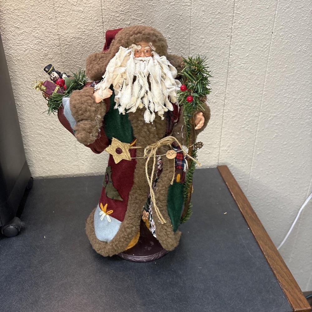 Vtg~Christmas St. Nicholas Santa Claus Figurine w Quilted Coat and Toy Bag